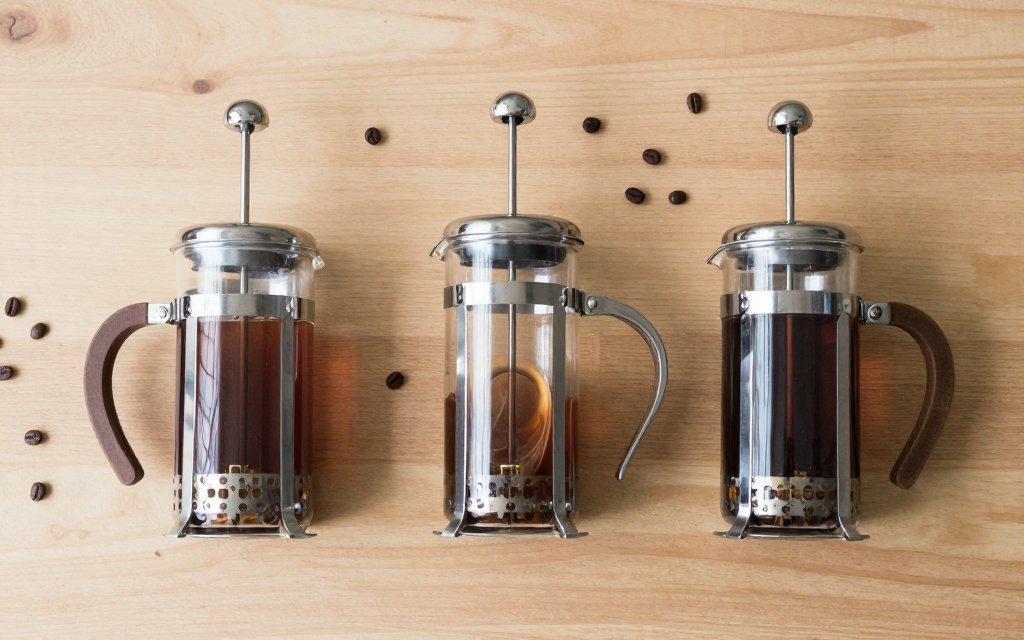 Top down view of different French press sizes showing how much ground coffee per cup