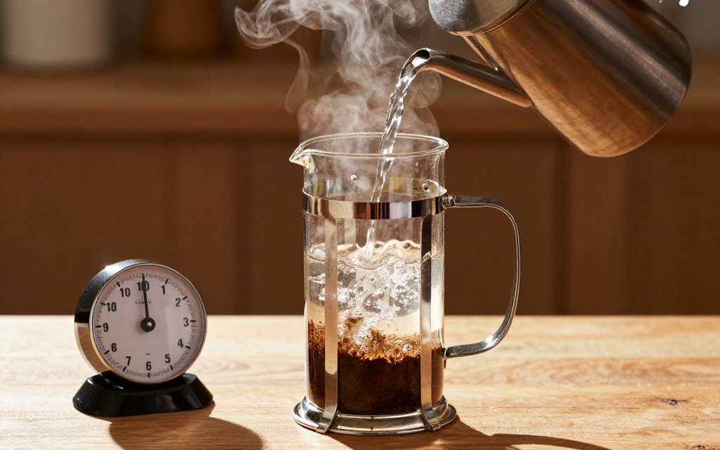 Pouring hot water into a French press with a four minute timer for the steep