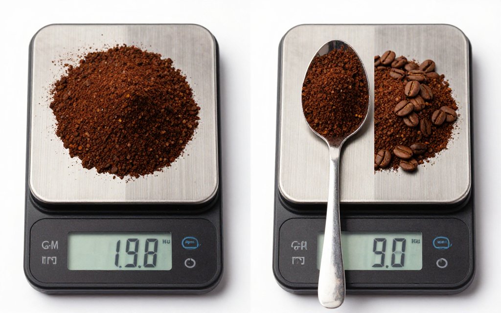 A tablespoon of coffee beside a scale comparing scoops to grams of coffee per cup