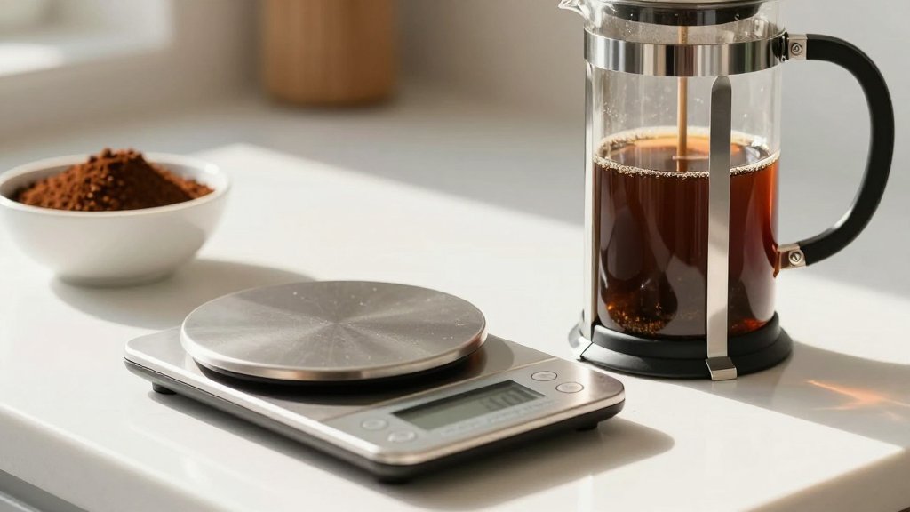 A French press next to a digital scale showing the french press coffee ratio measured in grams