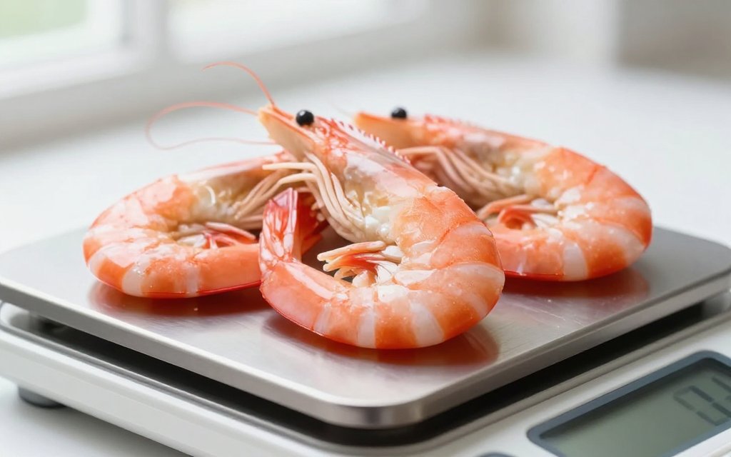 Cooked pink shrimp on a kitchen scale showing how low shrimp calories are per serving