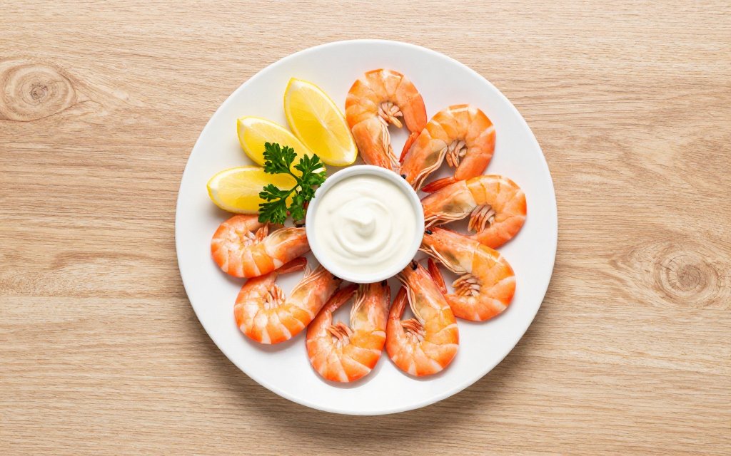 Top down plate of cooked shrimp with lemon and herbs showing shrimp nutrition