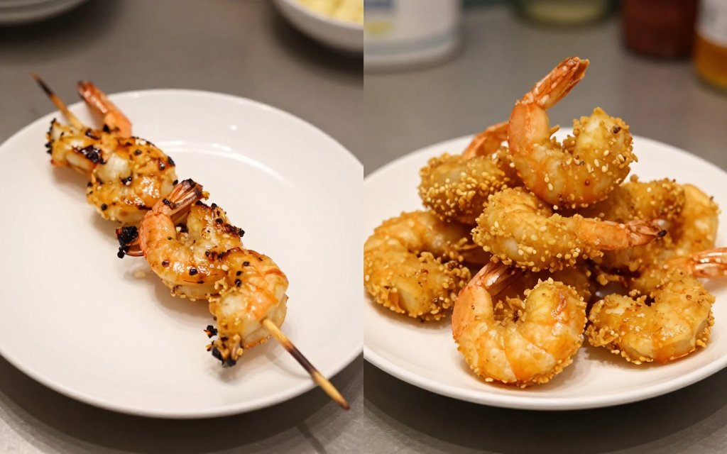 Grilled shrimp next to breaded fried shrimp showing how cooking changes shrimp calories
