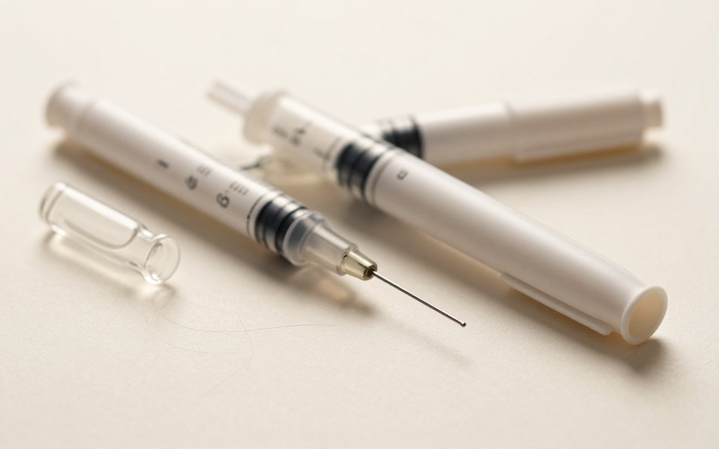 Macro of injection pens and a vial beside loose strands, representing GLP-1 hair loss data on the labels