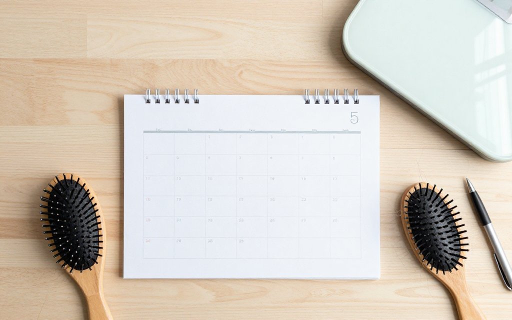 Flat lay of calendar, scale and hairbrush showing the months-long lag of GLP-1 hair loss