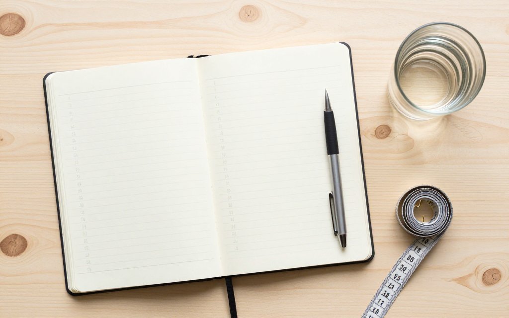Flat lay of a weight log and measuring tape tracking changes after stopping tirzepatide