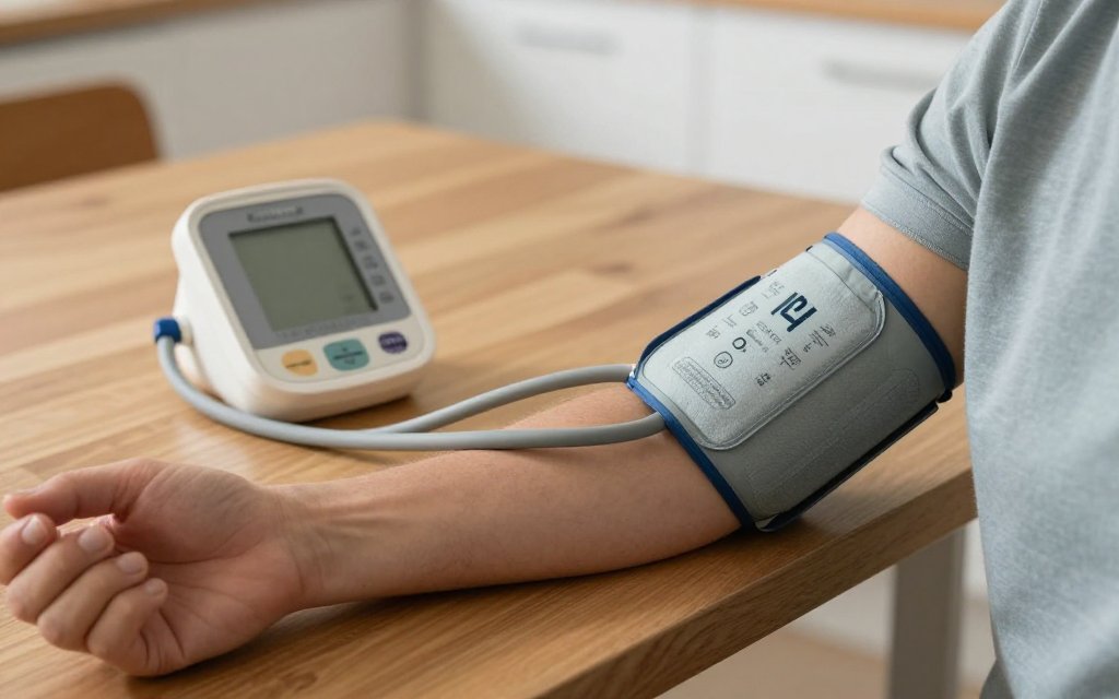 Adult checking blood pressure at home, a marker that can drift back after stopping GLP-1 treatment