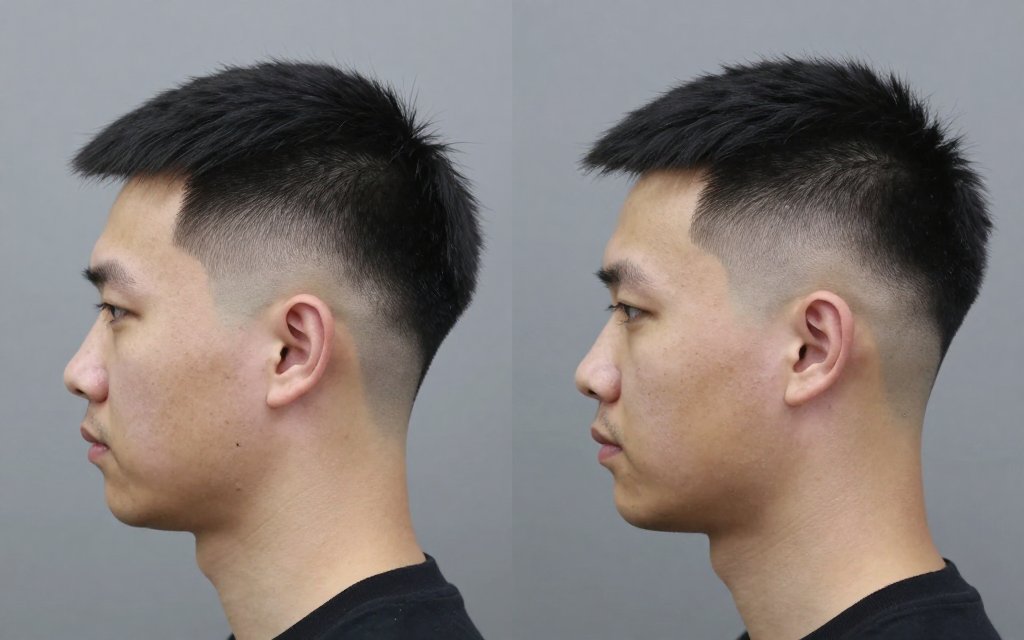 Before and after comparison of a fresh skin fade and two weeks of regrowth in a taper vs fade cost story