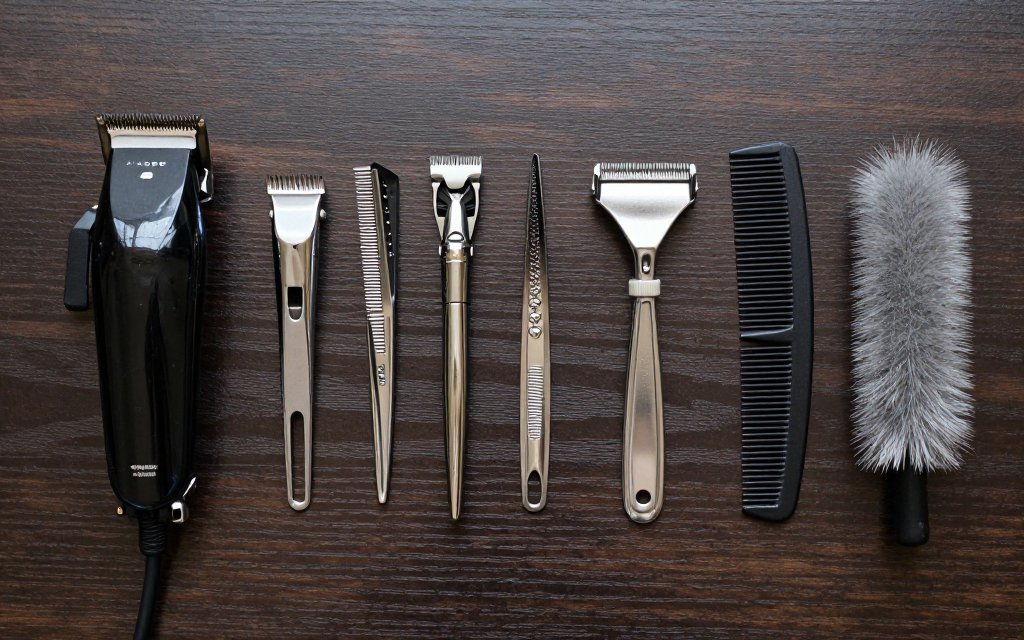 Flat lay of clippers, guards and a foil shaver used to cut a taper vs fade haircut