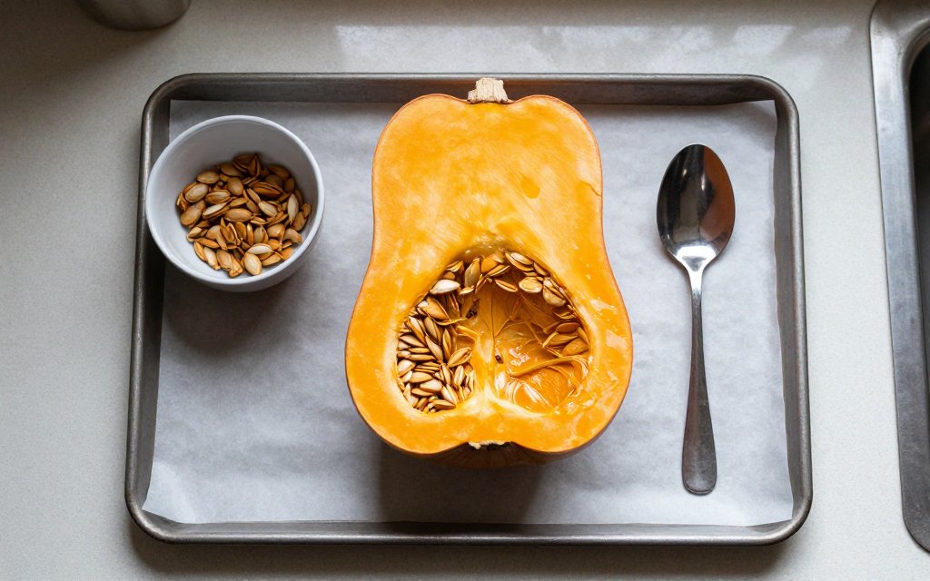 Halved sugar pie pumpkin with seeds scooped out, ready to roast for a homemade pumpkin puree recipe