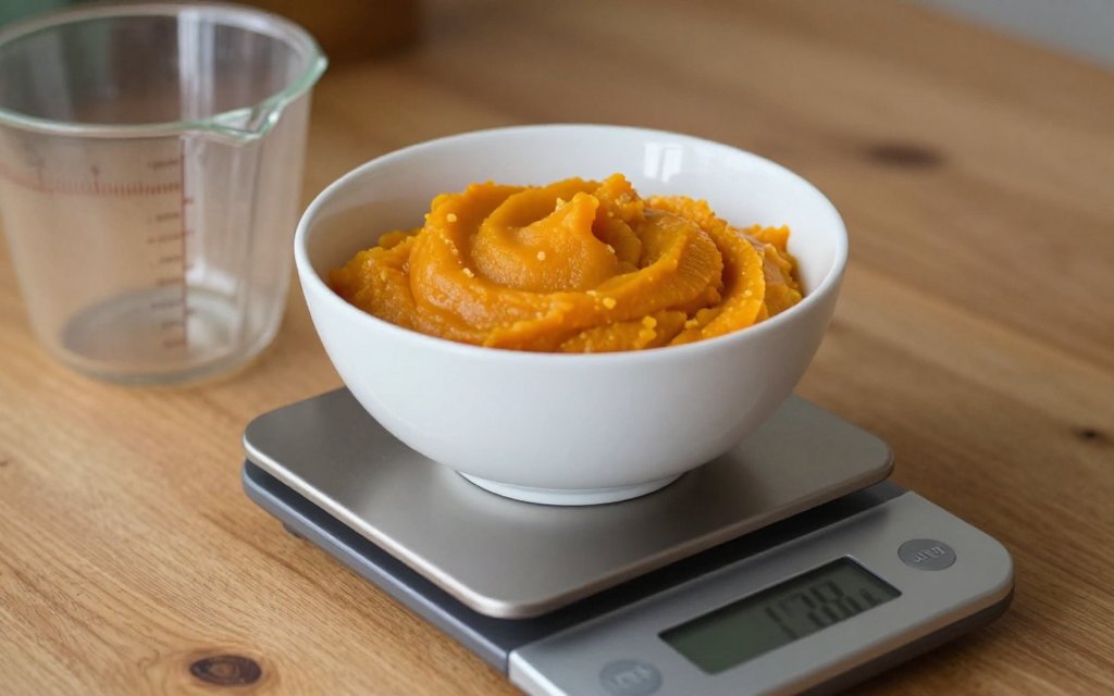 Bowl of smooth pumpkin puree on a digital kitchen scale for converting cups to grams in a pumpkin puree recipe