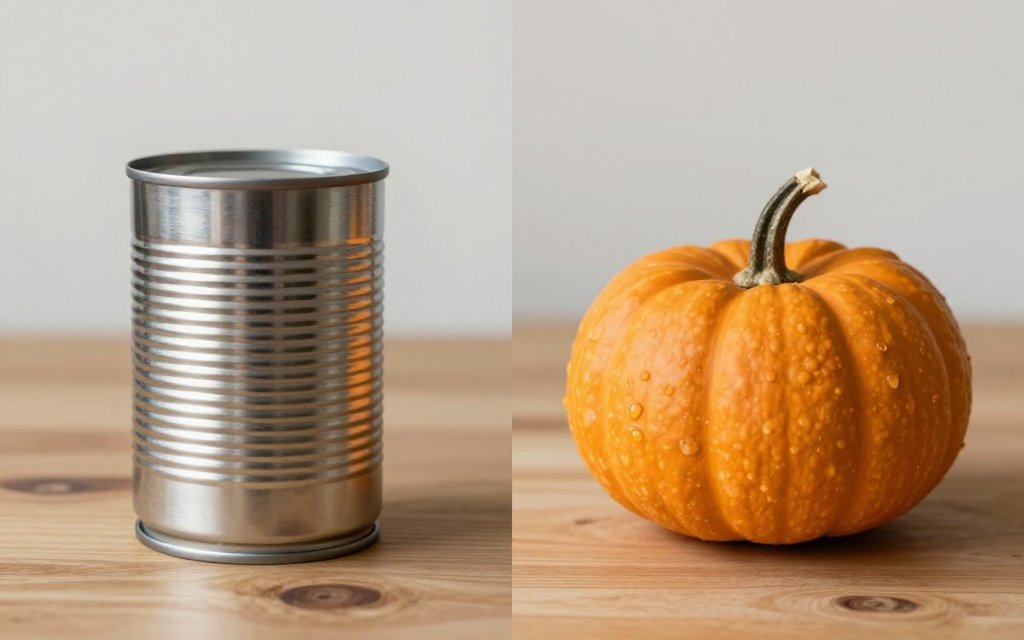 Plain can of pumpkin next to a whole pie pumpkin, comparing cost for a homemade pumpkin puree recipe