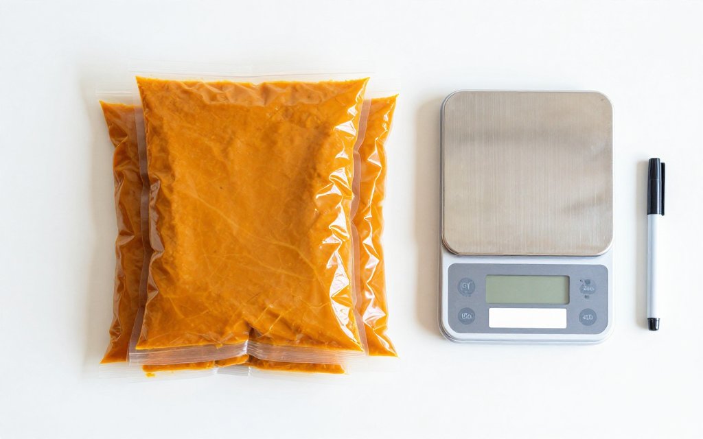 Freezer bags of homemade pumpkin puree portioned by weight next to a kitchen scale for later baking