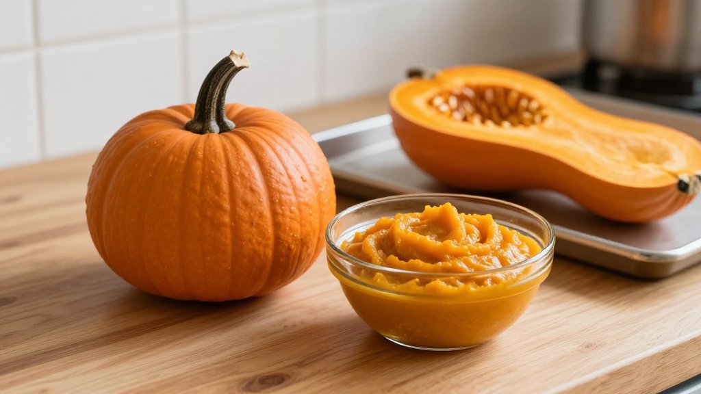 Whole sugar pie pumpkin beside a bowl of smooth homemade puree made with a simple pumpkin puree recipe