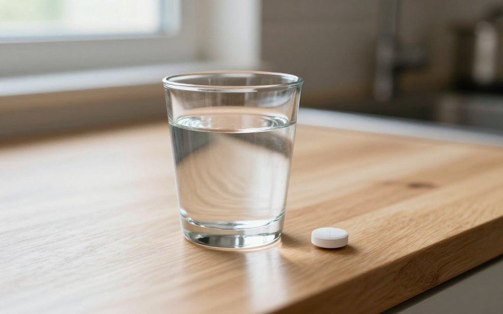 A single tablet next to a half glass of water, the morning setup for how to take Wegovy pill doses