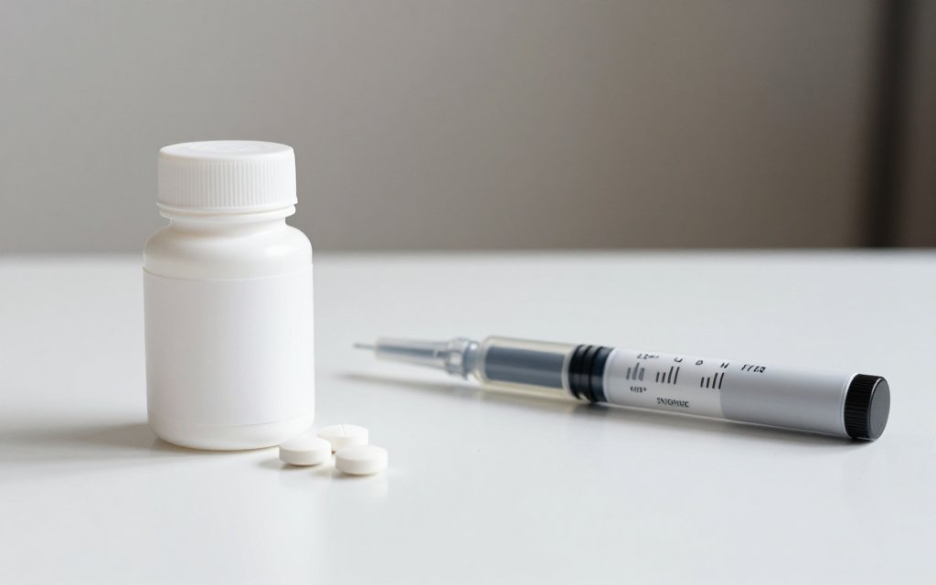An unlabeled tablet bottle beside an unbranded injection pen, comparing oral semaglutide with the weekly pen
