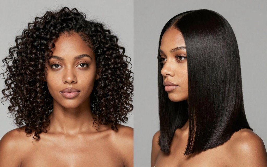 Before and after comparison of natural coily hair and sleek silk press results on the same woman