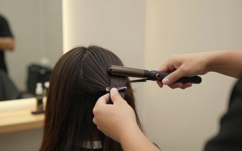 Stylist pressing a small section during a silk press appointment in a bright salon