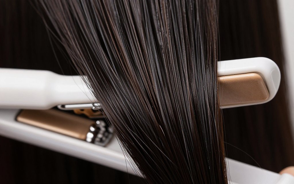 Close-up of glossy silk press strands passing through ceramic flat iron plates