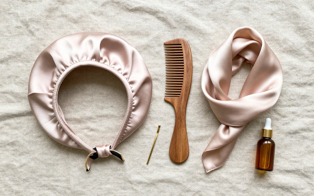 Flat-lay of satin bonnet, scarf, comb and pins used to maintain a silk press overnight