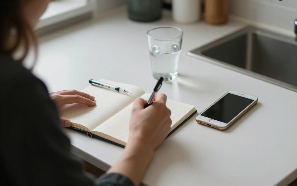 Person logging drinks and symptoms the morning after, keeping a record of Zepbound and alcohol