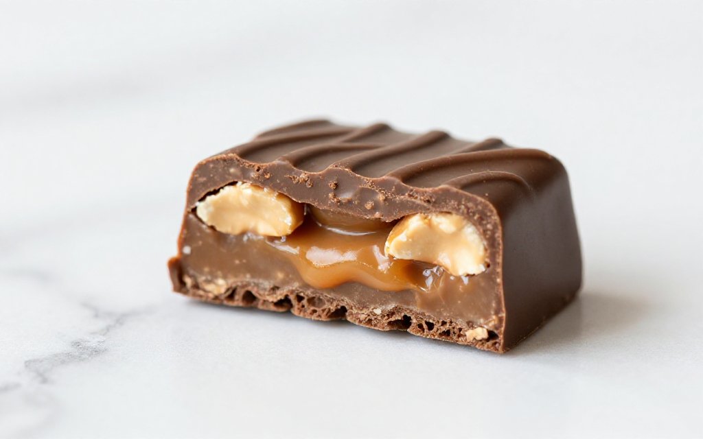 Macro shot of a fun size chocolate bar cut in half, showing the layers behind fun size Snickers calories