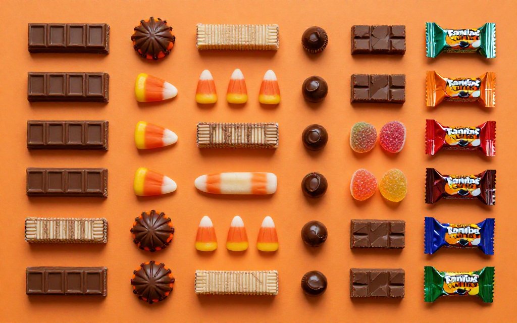 Top-down view of assorted Halloween candy arranged in rows to compare halloween candy calories