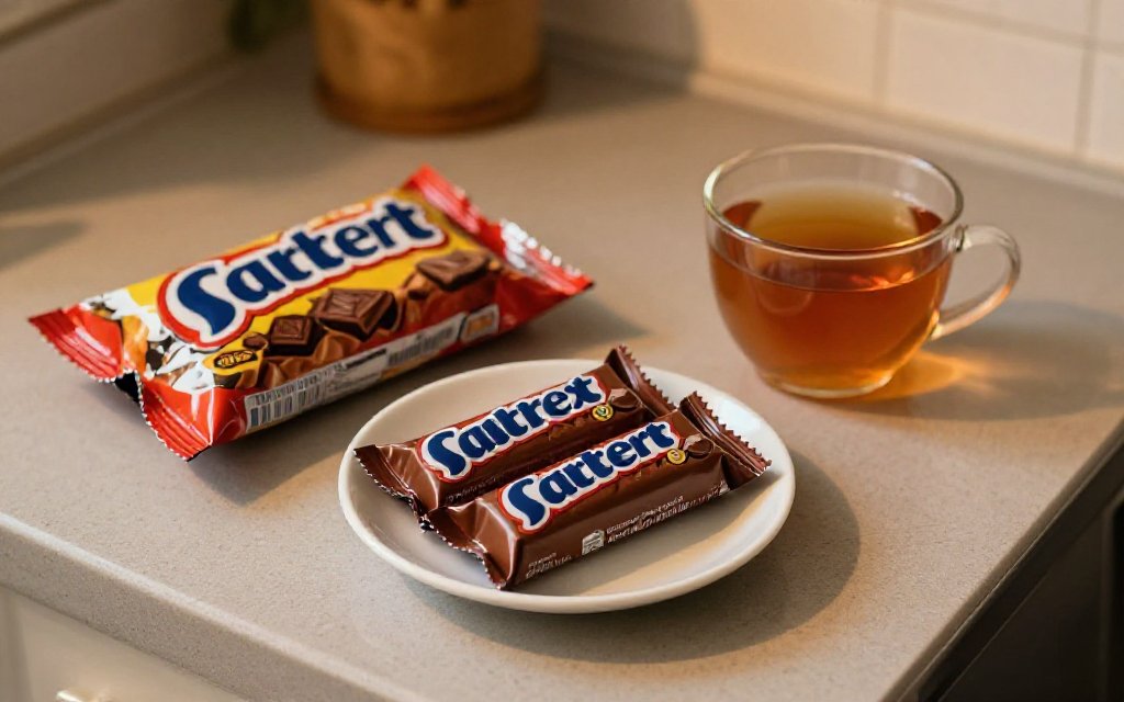 Two fun size candy bars on a small plate beside a closed bag, a simple way to budget fun size candy calories