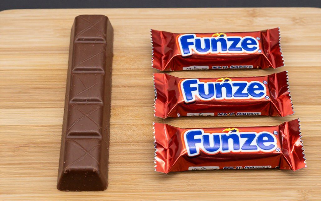 One full-size candy bar next to three fun size bars, comparing Snickers bar calories by size