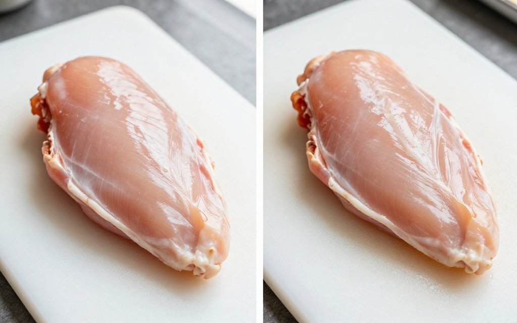 Raw and cooked chicken breast side by side showing how chicken breast protein concentrates as the meat shrinks