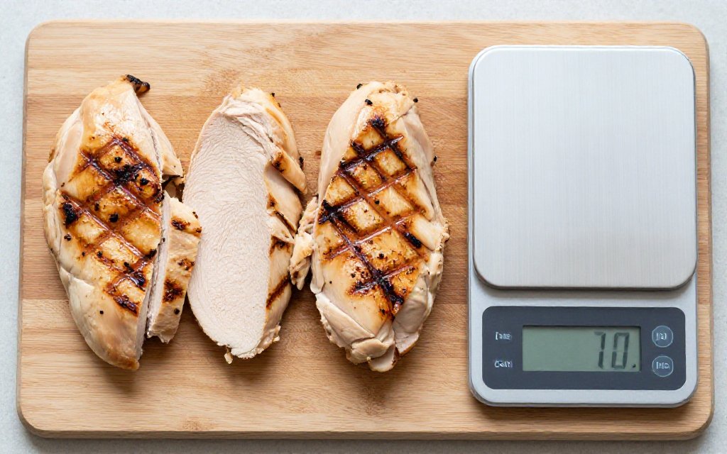 Grilled chicken breast cut into portions next to a kitchen scale for measuring chicken breast protein by weight