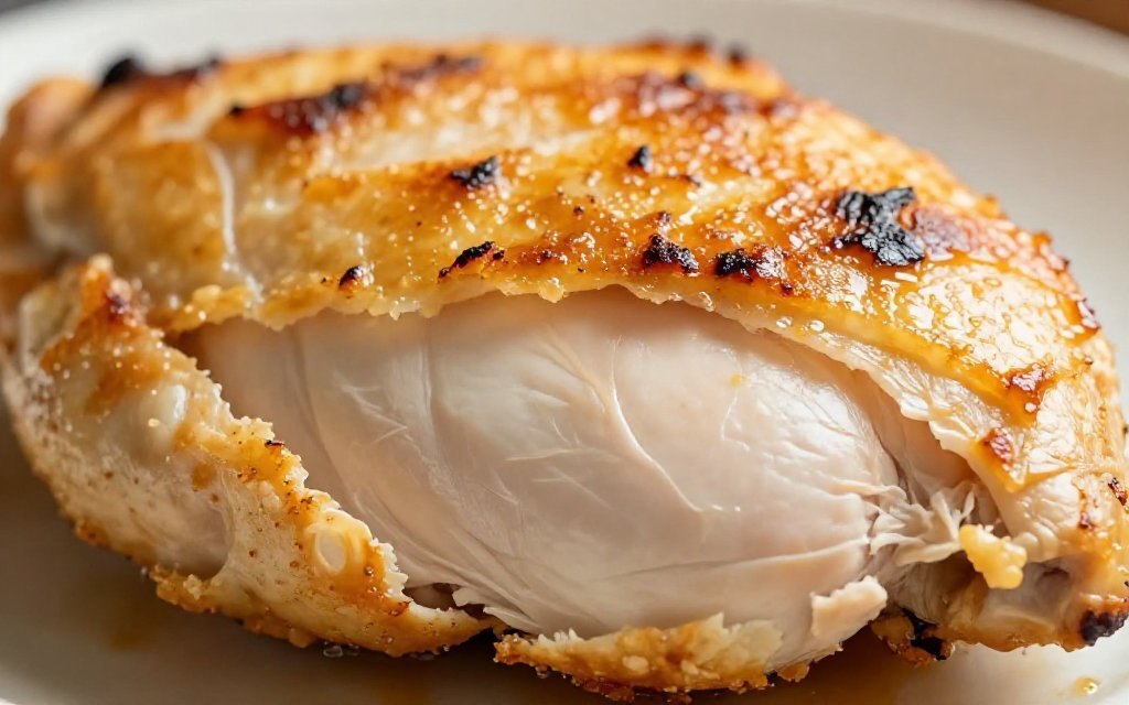 Roasted chicken breast with skin peeled back, showing where extra chicken breast calories come from