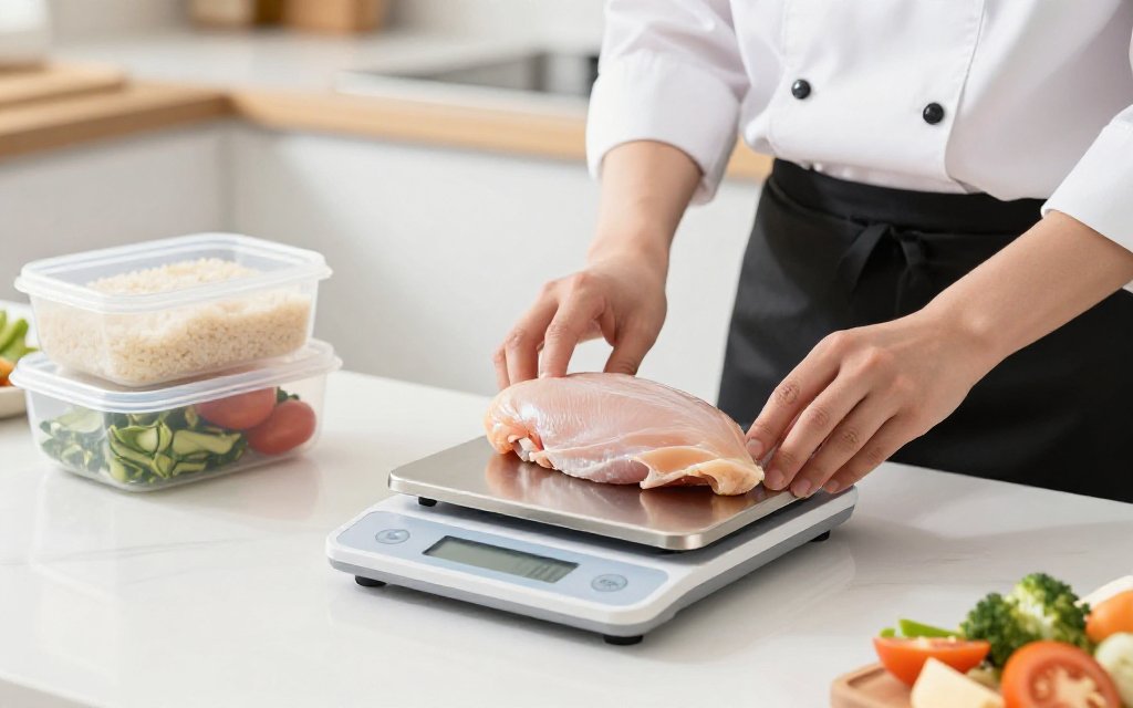 Home cook weighing a raw chicken breast on a kitchen scale to track chicken breast protein for meal prep
