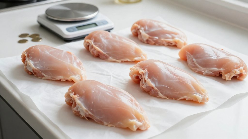 Raw chicken breasts beside a kitchen scale and coins, illustrating the cost of chicken breast protein per gram