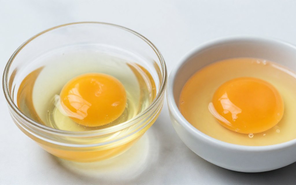 Egg white and egg yolk in separate bowls, showing where egg protein sits in each part