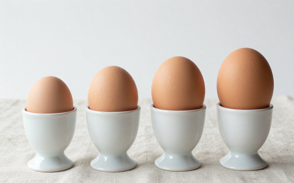 Four eggs lined up from small to extra large to compare egg calories and protein by size