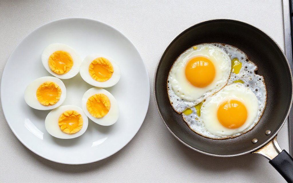 Hard-boiled eggs next to fried eggs in a skillet, comparing how much protein in a boiled egg versus fried