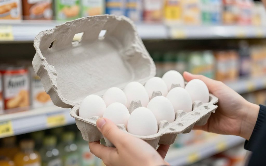 Shopper holding an open carton of a dozen eggs, thinking about egg protein cost per gram