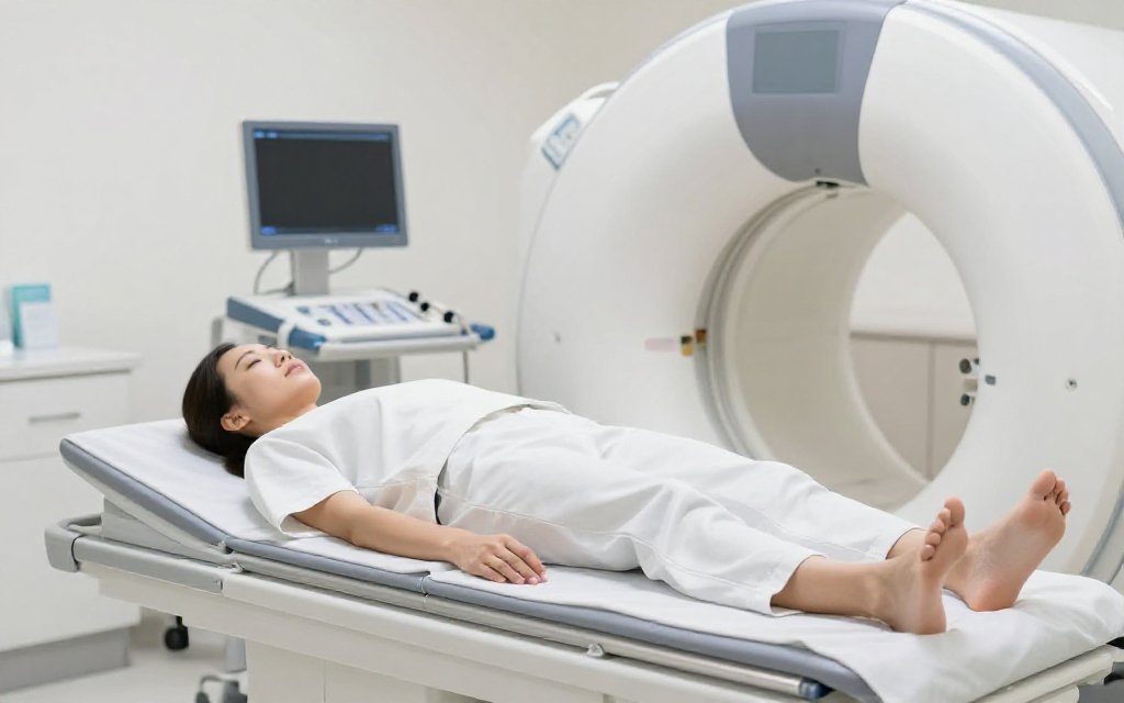 Patient on a DXA scanner, the body composition test STEP 1 used to measure muscle loss on an Ozempic diet trial