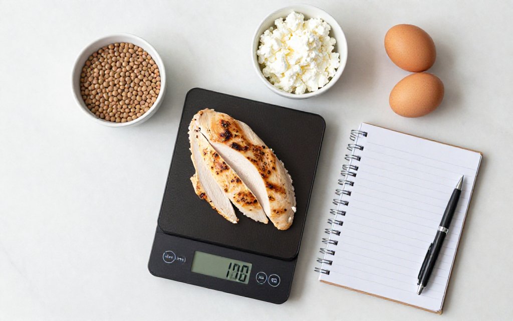 Flat lay of weighed protein portions used to work out how much protein per day fits an Ozempic diet