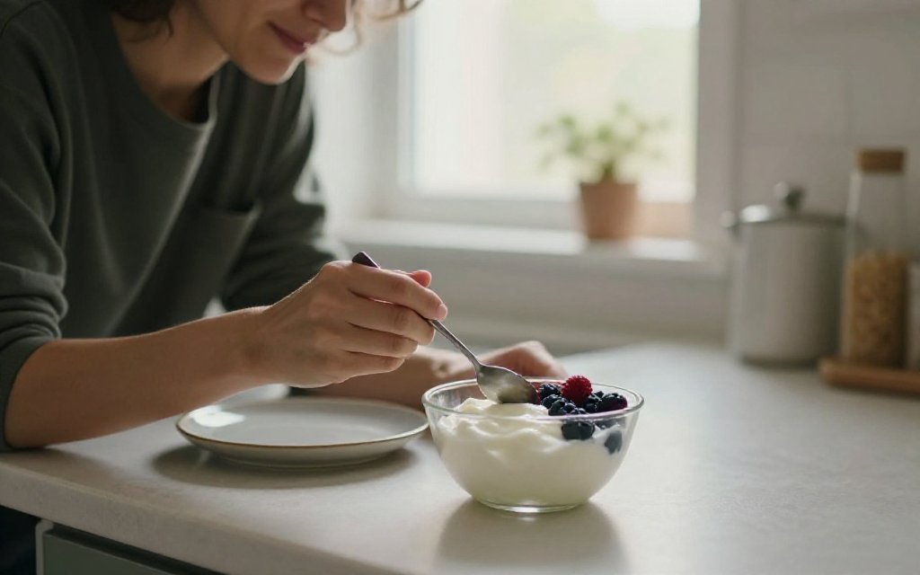 Adult eating a small high protein meal, showing how an Ozempic diet can fit a smaller appetite