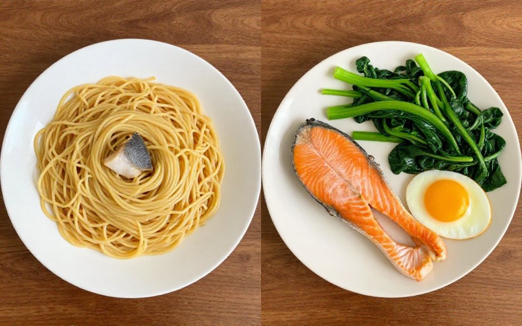 Two plates compared, a low protein meal beside a high protein meal for someone tracking an Ozempic diet