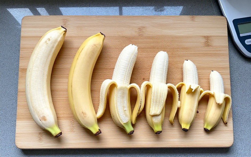 Five bananas from extra small to extra large lined up next to a kitchen scale to compare banana calories by size