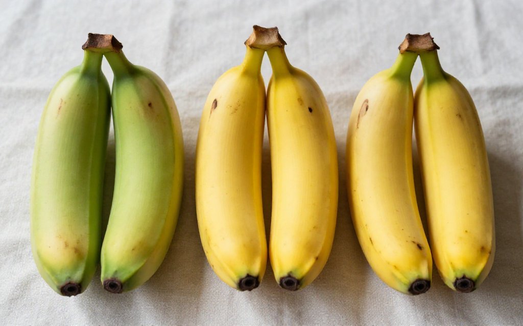 Green, yellow and spotted bananas side by side showing how ripeness shifts starch and carbs in a banana