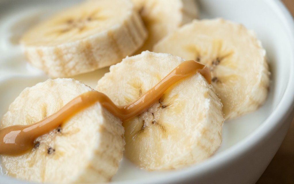 Close-up of banana slices over Greek yogurt with peanut butter, a simple way to add protein to banana nutrition