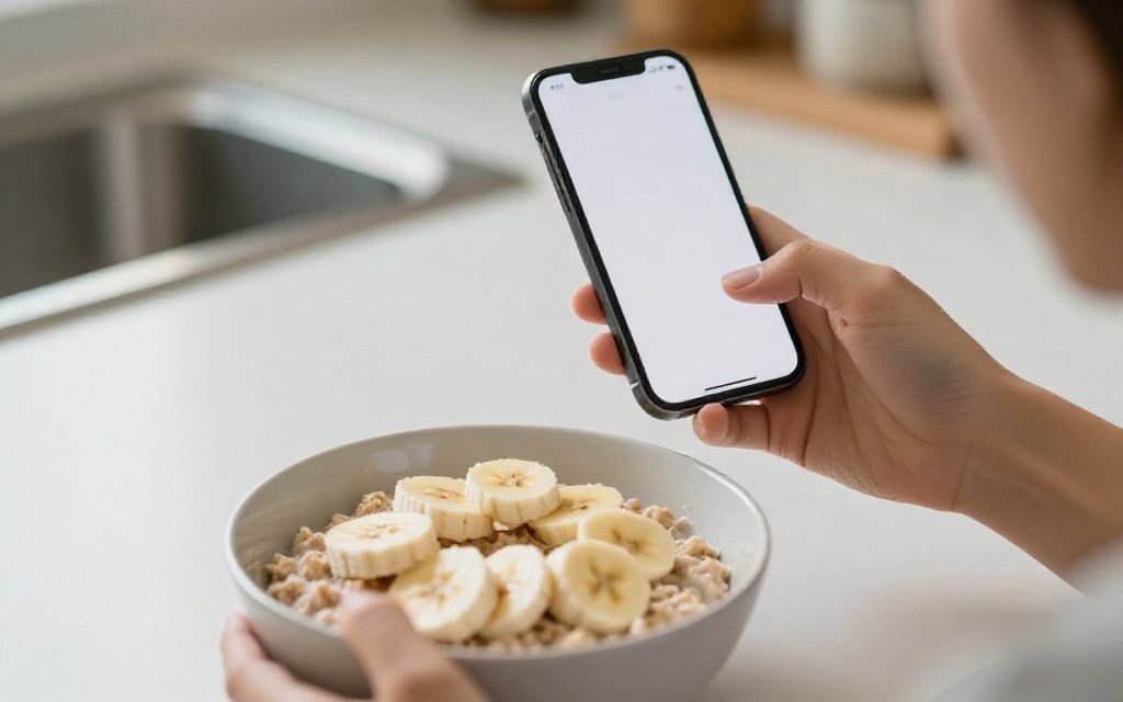 Person photographing an oatmeal bowl topped with sliced banana to log banana calories in a food tracking app