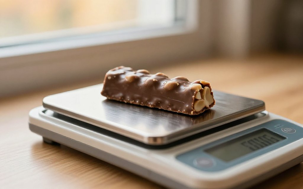 Fun size candy bar on a digital kitchen scale, showing how little the most popular Halloween candy weighs per piece