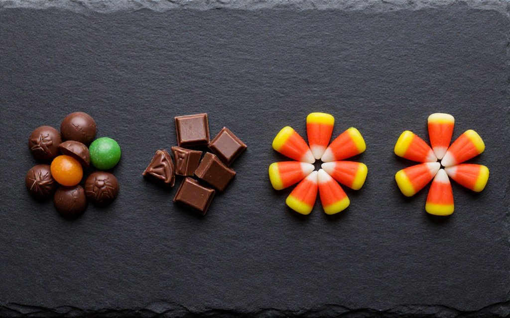 Top-down comparison of chocolate candies, fruit chews and candy corn piles to compare Halloween candy calories per gram