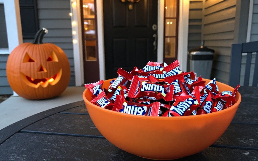 Bowl of fun size treats by a front door, planning how much of the most popular Halloween candy to buy by weight