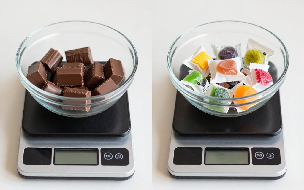 Two bowls of fun size candy on kitchen scales, comparing the weight of the most popular Halloween candy at home